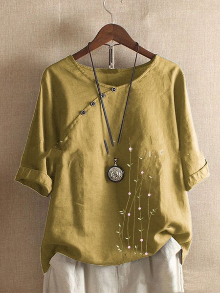 

Women Casual Plants Printed 3/4 Sleeve Linen Tops, Yellow, Blouses & Shirts