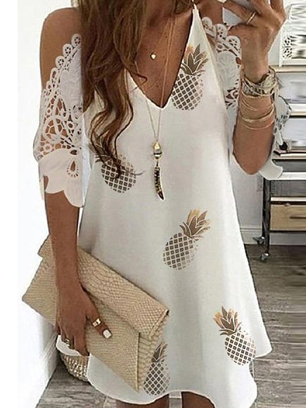 

Cotton-Blend Off Shoulder Floral Short Sleeve Knitting Dress, White, Summer Dresses
