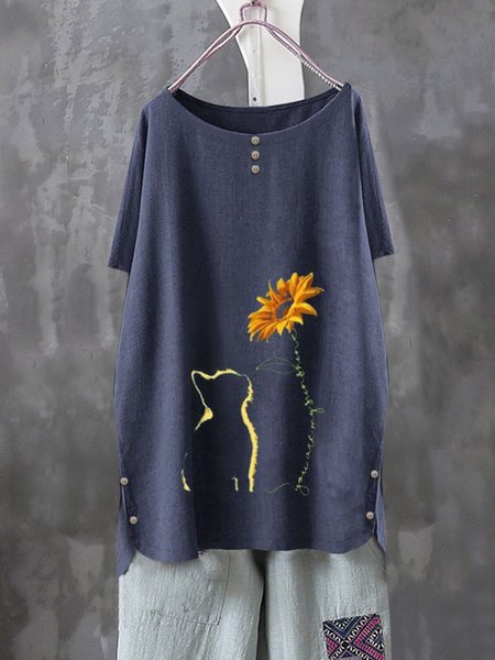 Crew Neck Casual Cartoon Shirts & Tops Navy Blue/L