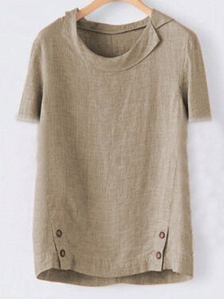 Casual Solid Turn-Down Collar T-Shirts & Tops Khaki/3XL