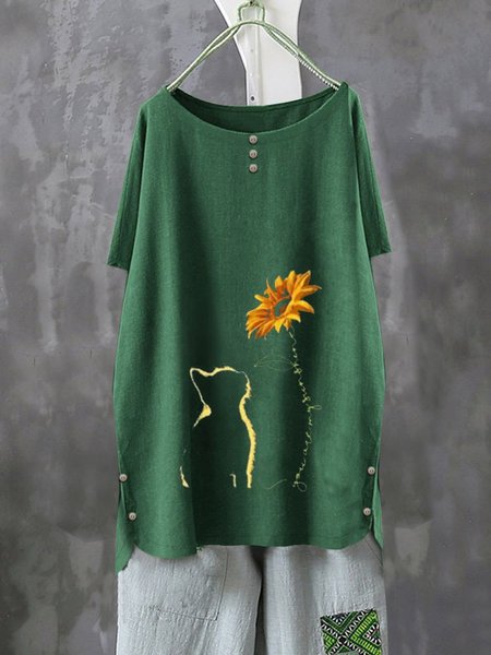 Crew Neck Casual Cartoon Shirts & Tops Green/XL