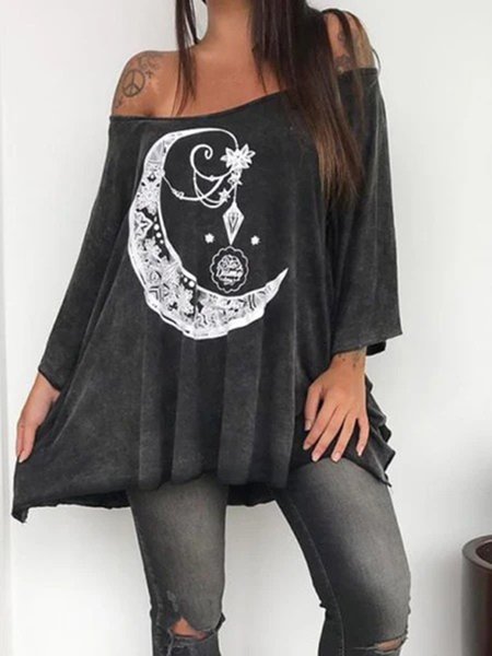 

Black Club Party Daily Casual Shift Printed 3/4 Sleeve Cotton-Blend Shirts & Tops, Tops