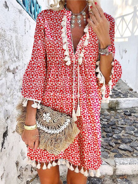 

Abito con Scollo a V Stampato Floreale, Rosso, Casual Dresses