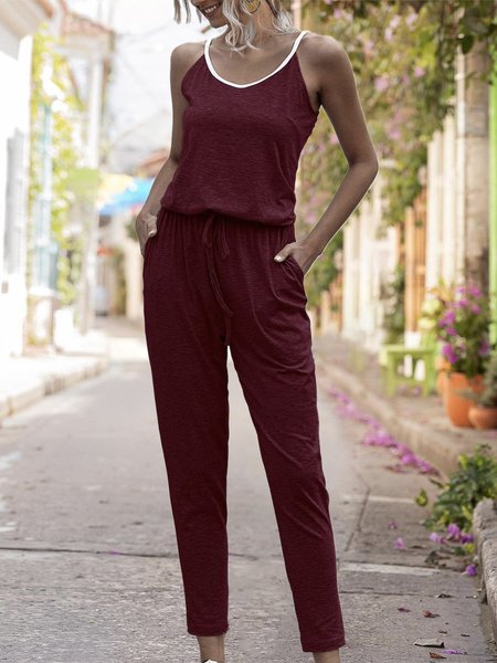 

V Neck Solid Casual Shift Jumpsuit & Romper Jumpsuit, Wine red, Jumpsuits