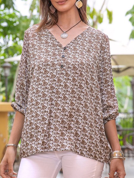 

Women Floral V Neck Pastoral Printed Blouse, Light gray, Blouses and Shirts