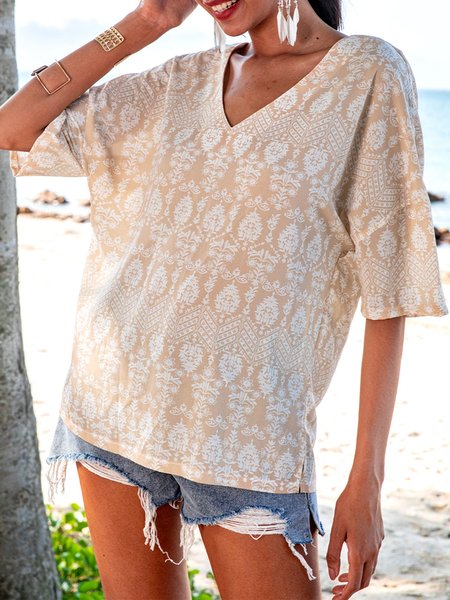 

Apricot Paneled Casual V Neck Top, Tops
