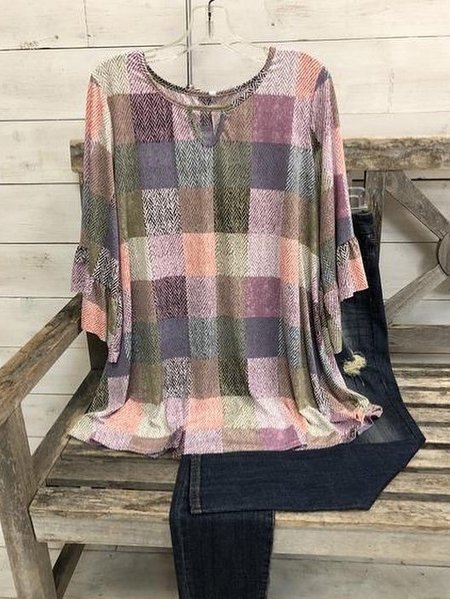 

Top a O-collo a Scacchi Casuale in Lino, Viola, T-Shirts