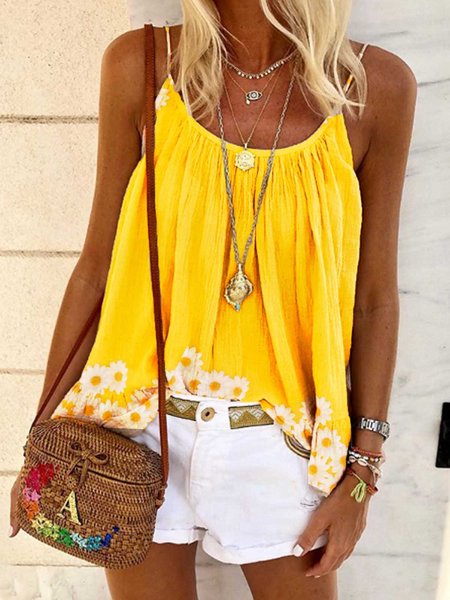 

Gilet Stampato Senza Spalline di Cotone, Giallo, Tank Top