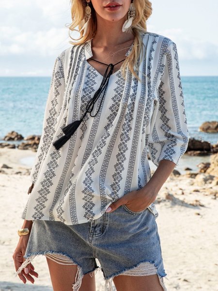 

White Holiday V Neck Cotton-Blend Top, Tops