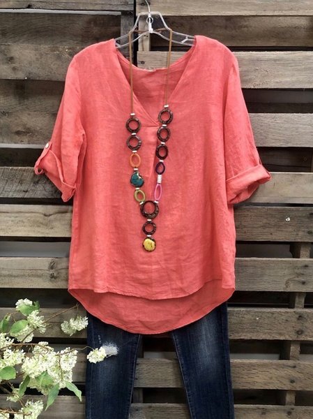 

T-Shirt Casuale in Lino, Rosso, T-Shirts