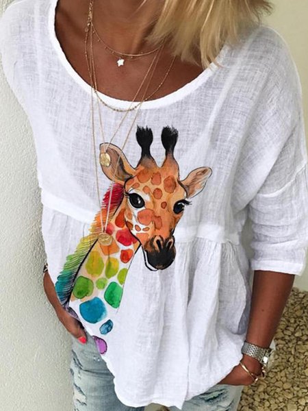 

T-Shirt Casuale Quotidiano Animale Stampato A-line di Misto Cotone, Bianco, Blouses & Shirts