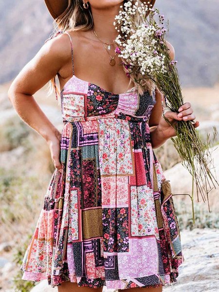 

Rosa Cotone Floreale Bohemian Spaghetti Top, Pink, Mini Dresses
