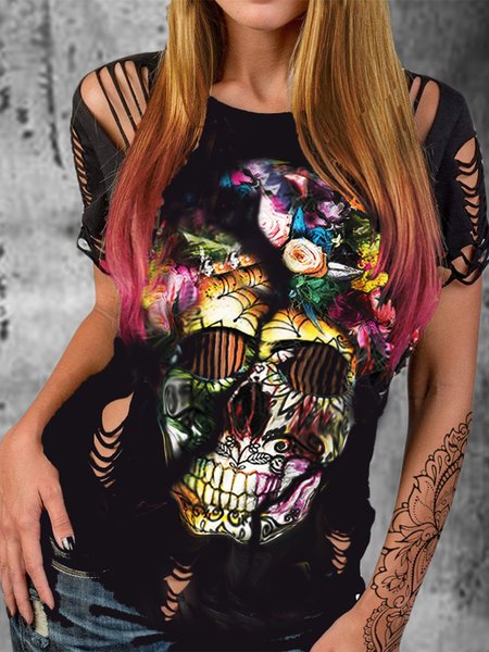 T-Shirt a Girocollo Dritto Graffiti Casuale, Nero, Tank Top