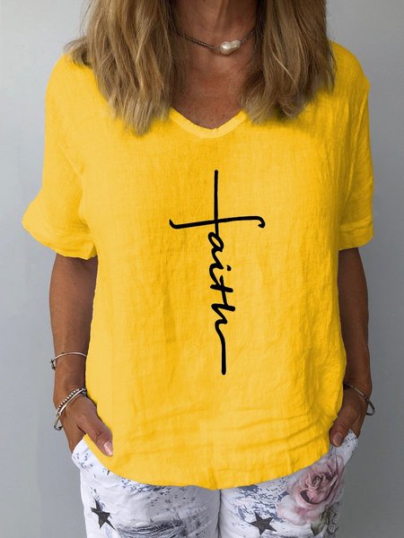 

T-Shirt Casuale in Lino, Giallo, Blouses & Shirts