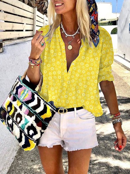 

Top a Girocollo Stampato Floreale, Giallo, Blouses & Shirts