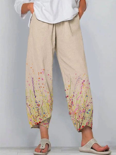

Pantaloni Floreale Casuale di Misto Cotone, Cachi, Pants