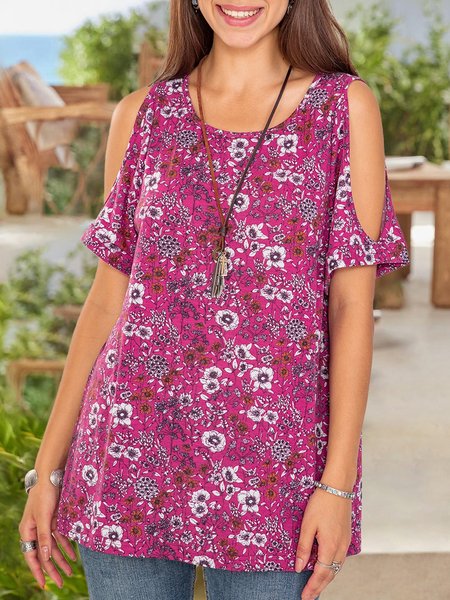 

Women Knitted Boho Floral Cold Shoulder Top, Rose red, Tops