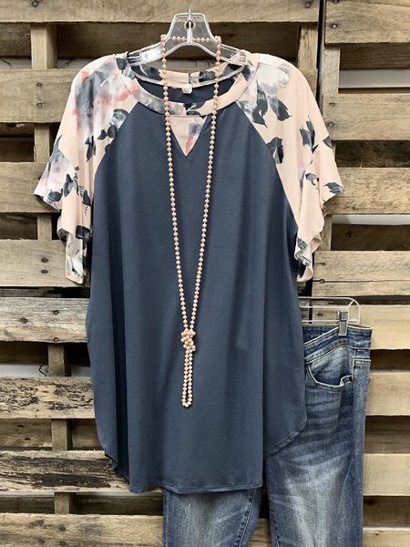 

Gray Floral Cotton-Blend Casual T-shirt, Tops