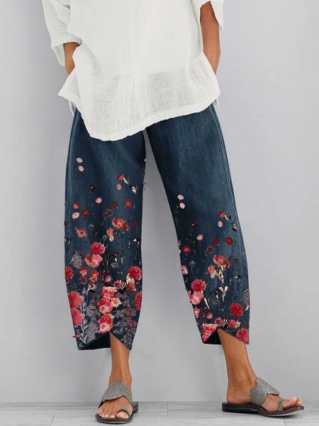 

Pantaloni Stampato Casuale di Cotone, Blu marino, Pants
