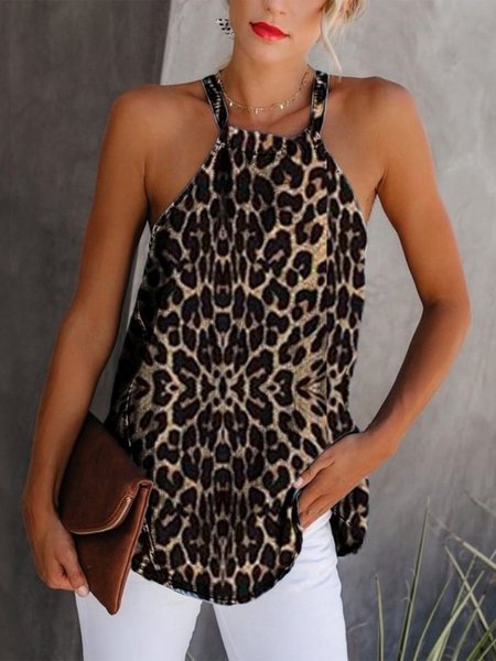 

Brown Sleeveless Leopard Halter Shirts & Tops, Tank Top