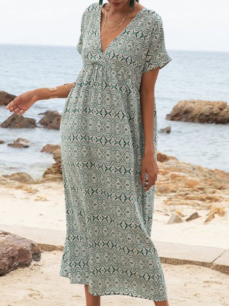 

Green Short Sleeve V Neck Shift Geometric Maxi Dresses, Dresses