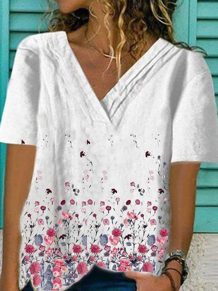 

Top con Scollo a V Casuale Stampato, Bianco, T-Shirts
