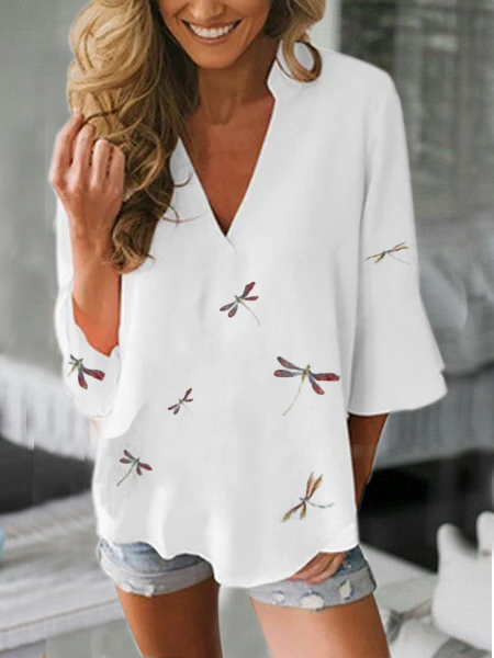 

Top Stampato con Scollo a V, Bianco, Blouses & Shirts
