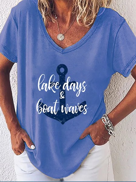 

T-Shirt con Scollo a V Casuale di Cotone, Blu, Blouses & Shirts