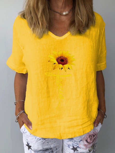 

Top con Scollo a V Girasole Stampato Casuale in Lino, Giallo, Blouses & Shirts