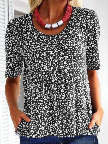 

T-Shirt Casuale Floreale, Nero, T-Shirts