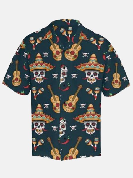 

Men's Dark Green Casual Shirt Collar Printed Skull Shirts, Men's Floral shirt
