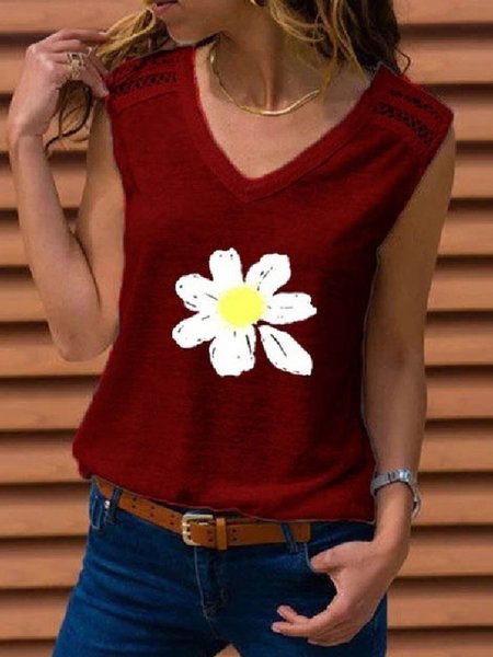 

T-Shirt con Scollo a V Casuale, Rosso, Tank Top