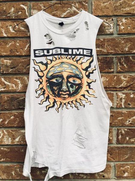 

White Ripped Cartoon Printed Casual Shift Vests, Tops