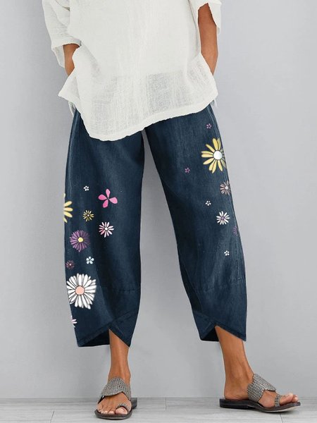 

Pantaloni Floreale Casuale di Misto Cotone, Blu reale, Pants