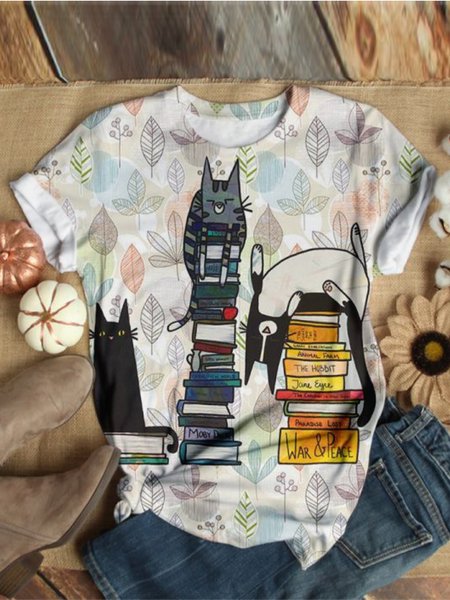 

Cat Pattern Short Sleeve Casual Shirts & Tops, Tops