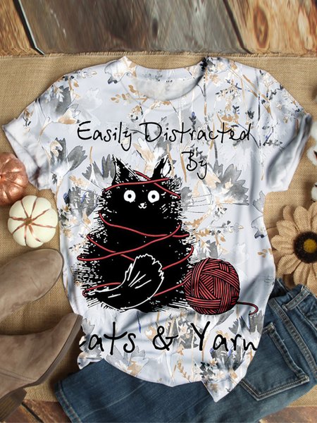 T-Shirt a Girocollo Casuale, Disegno di gatto, Tops