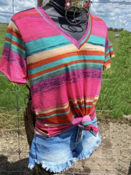 

Multicolor Cotton Stripes Shift Short Sleeve Top, Tees & T-shirts