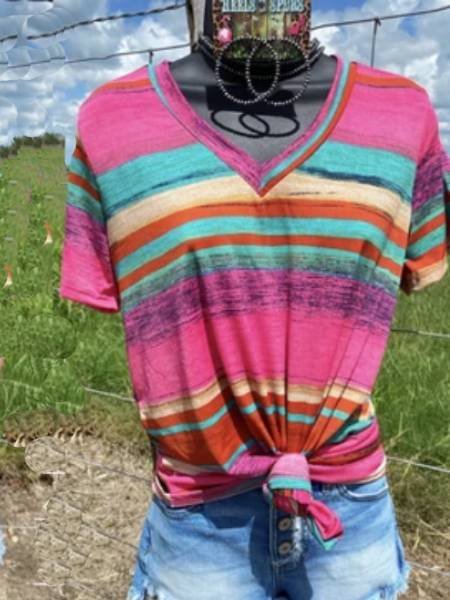 

Multicolor Cotton Stripes Shift Short Sleeve Tops, Tops