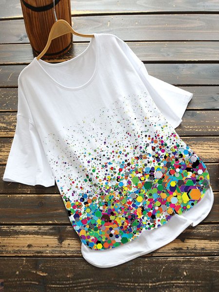 

White Polka Dots Casual Cotton-Blend Tops, T-Shirts