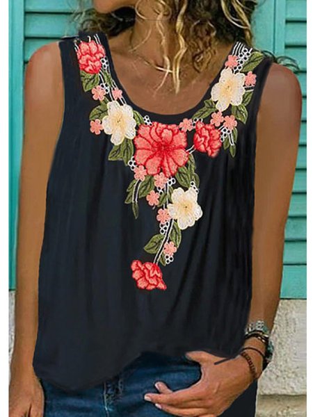 

Top a Girocollo Casuale Stampato, Nero, Tank Top