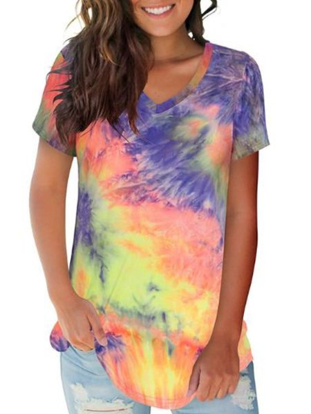 

T-Shirt con Scollo a V Casuale, Giallo, Tops