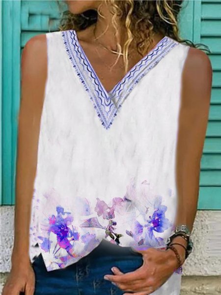 

Top con Scollo a V Floreale Casuale, Blu, Tank Top