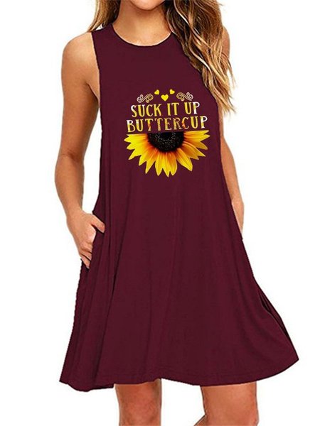 

Abito Girasole Stampato Casuale di Cotone, Vino rosso, Midi Dresses