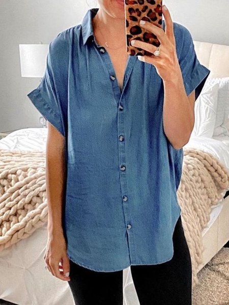 

Blue Buttoned Short Sleeve V Neck Tops, Blouses & Shirts