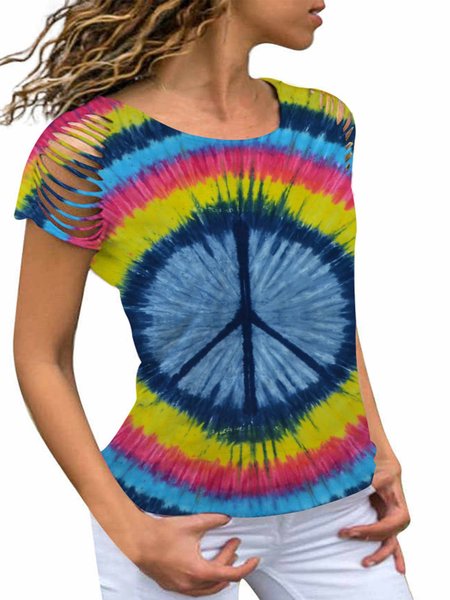 

Vintage Statement Tie-Dyed Short Sleeve Crew Neck Plus Size Casual Tops, Color5, Tops