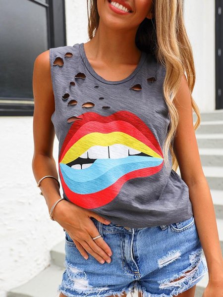 

Top Stampato Strappato Casuale Dritto di Cotone, Grigio, Tank Top
