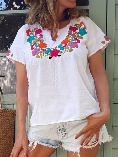 Top Ricamato Floreale, Bianco, T-Shirts