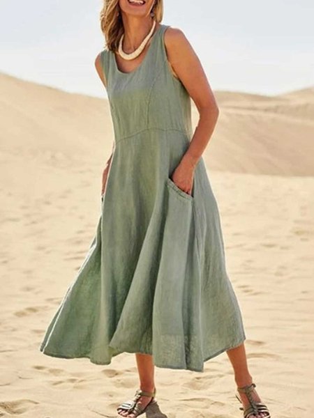 

Abito a Girocollo di Cotone, Verde chiaro, Maxi Dresses