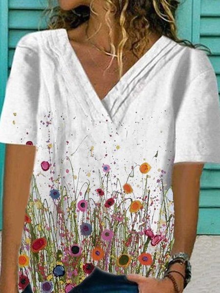 

Top con Scollo a V Stampato Casuale, Bianco, T-Shirts
