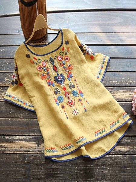 

Vintage Short Sleeve Floral Embroidered Shirts & Tops, Yellow, Blouses